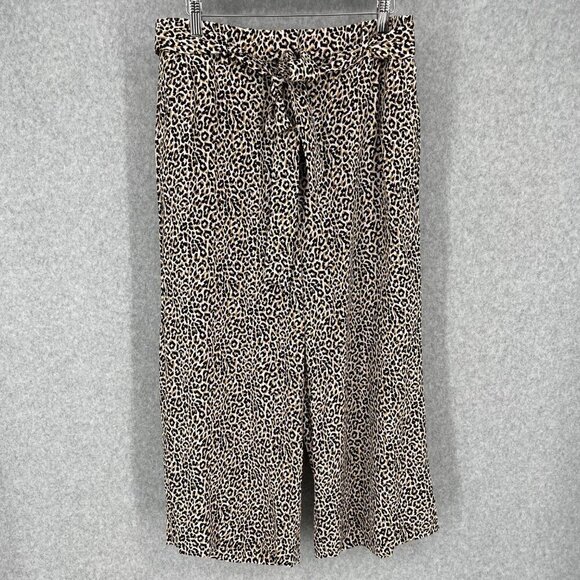 J Crew Womens Wide Leg Silk Pants Size 8 Animal Print Neutral Crop Belted Office - Picture 1 of 13